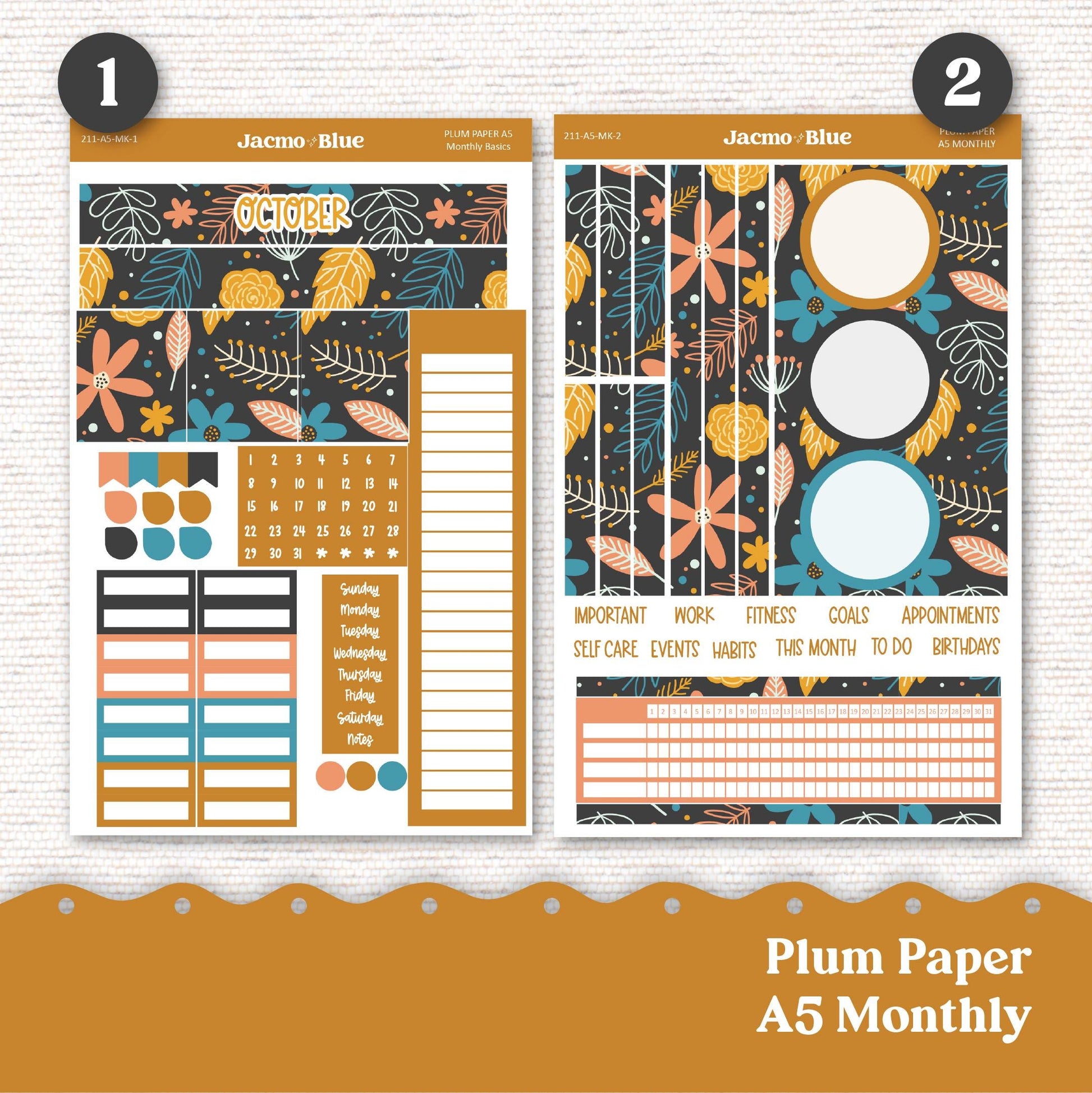 October Plum Paper Monthly Sticker Kit for 8x11 7x9 A5 Planners - Kit 211 Planner Stickers