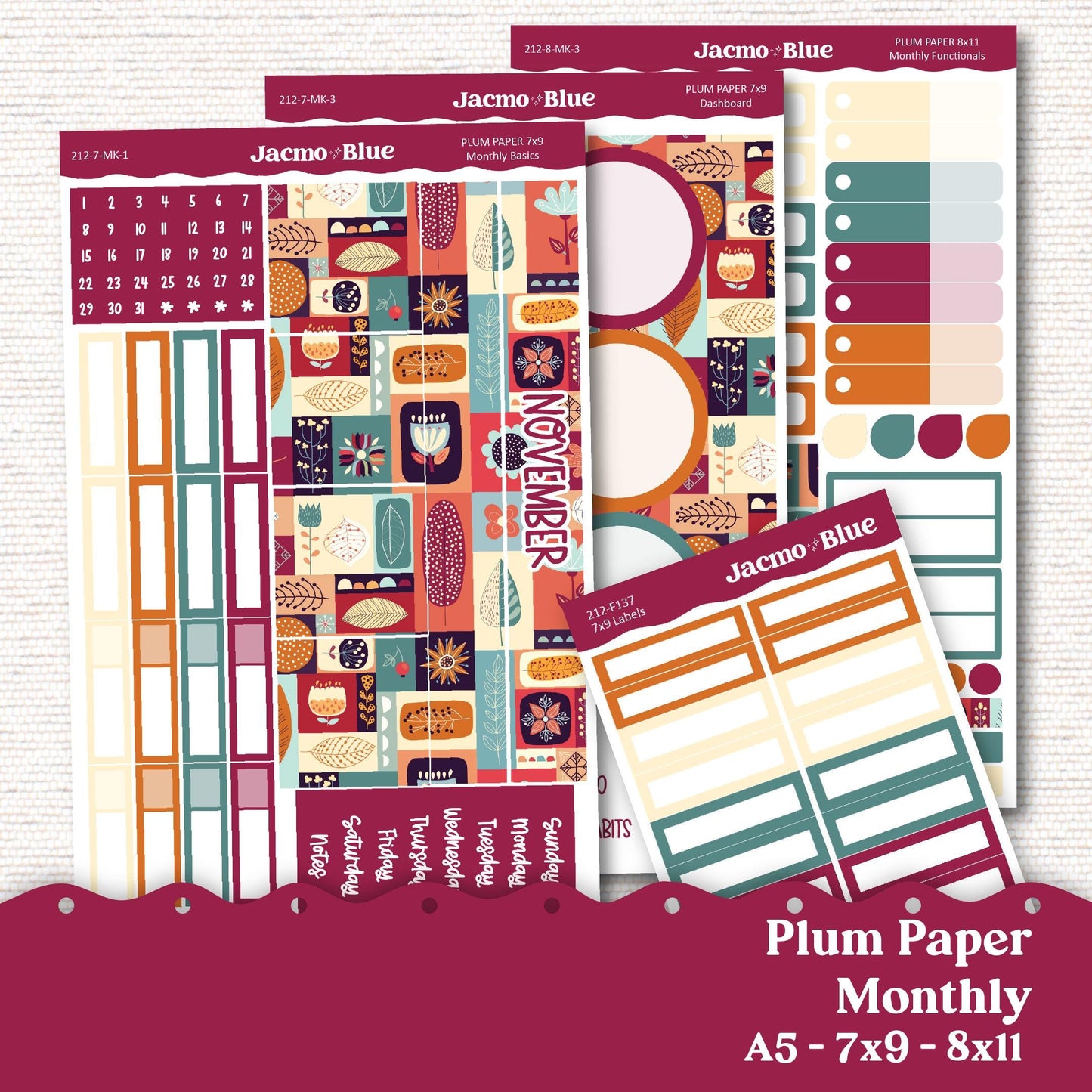 November Plum Paper Monthly Sticker Kit for 8x11 7x9 A5 Planners - Kit 212 Planner Stickers