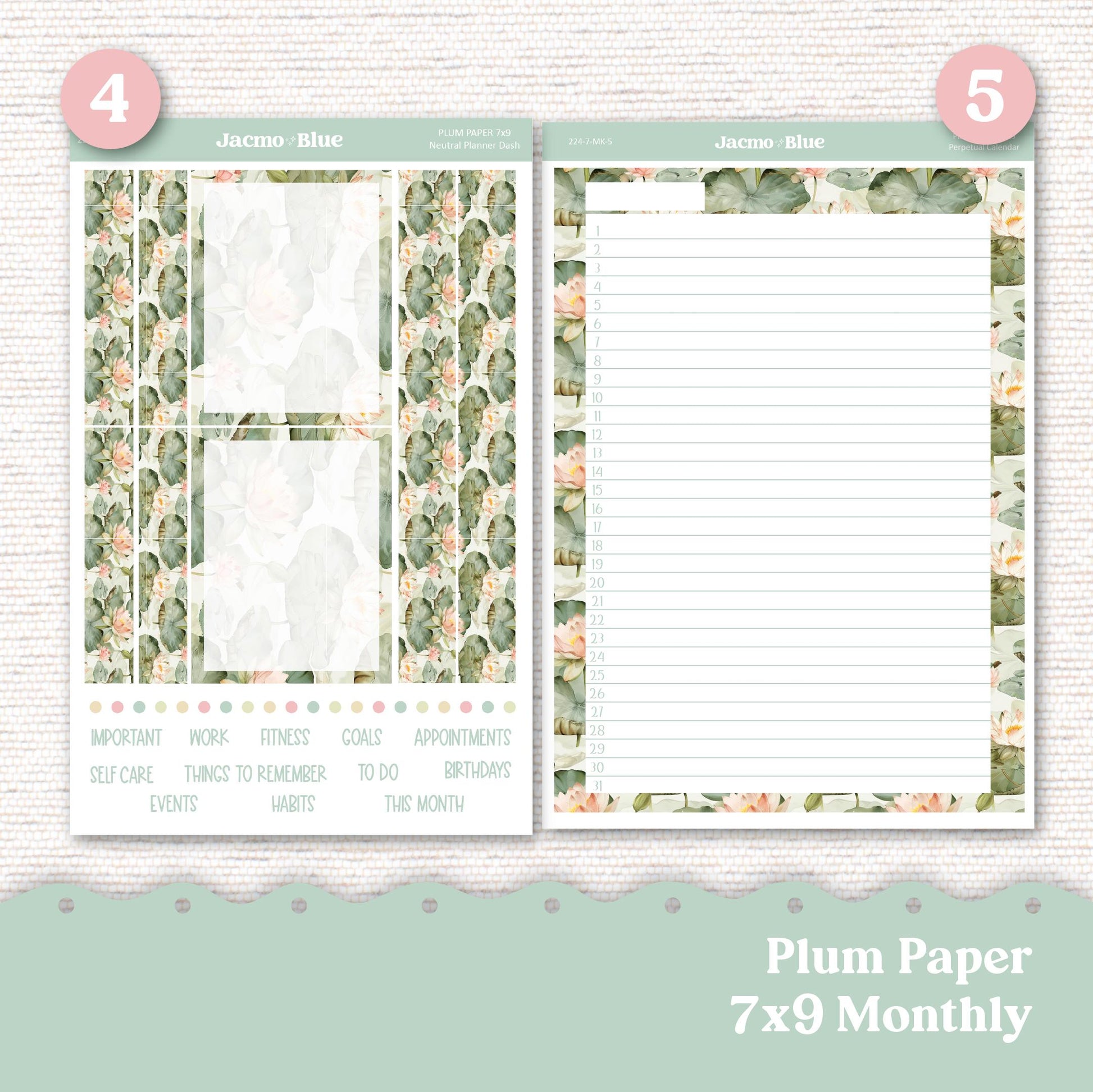 Plum Paper Monthly Sticker Kit for 8x11 7x9 A5 Planners - Kit 224 Lily Pads Planner Stickers Summer PPP Plum Paper Planner Stickers