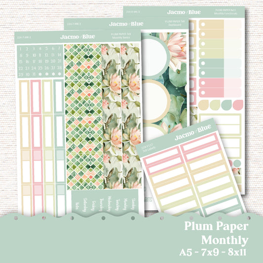 Plum Paper Monthly Sticker Kit for 8x11 7x9 A5 Planners - Kit 224 Lily Pads Planner Stickers Summer PPP Plum Paper Planner Stickers