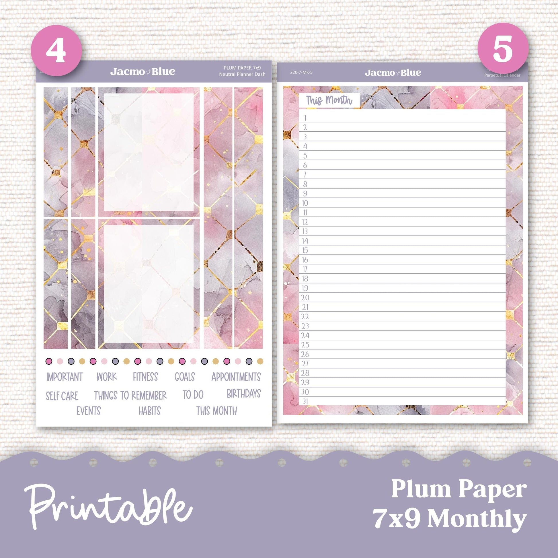 PRINTABLE Plum Paper Planner Monthly Stickers Spring 8x11 7x9 A5 Print and Cut - Kit 220 Pink Wishes Includes Bill Due Auto Pay and Months