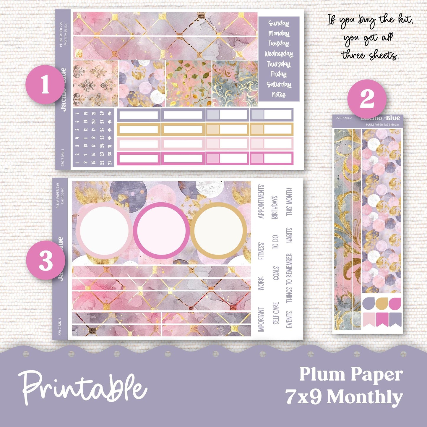 PRINTABLE Plum Paper Planner Monthly Stickers Spring 8x11 7x9 A5 Print and Cut - Kit 220 Pink Wishes Includes Bill Due Auto Pay and Months