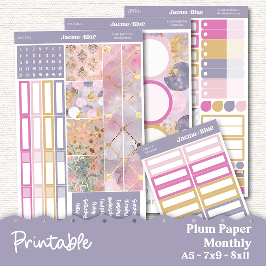 PRINTABLE Plum Paper Planner Monthly Stickers Spring 8x11 7x9 A5 Print and Cut - Kit 220 Pink Wishes Includes Bill Due Auto Pay and Months