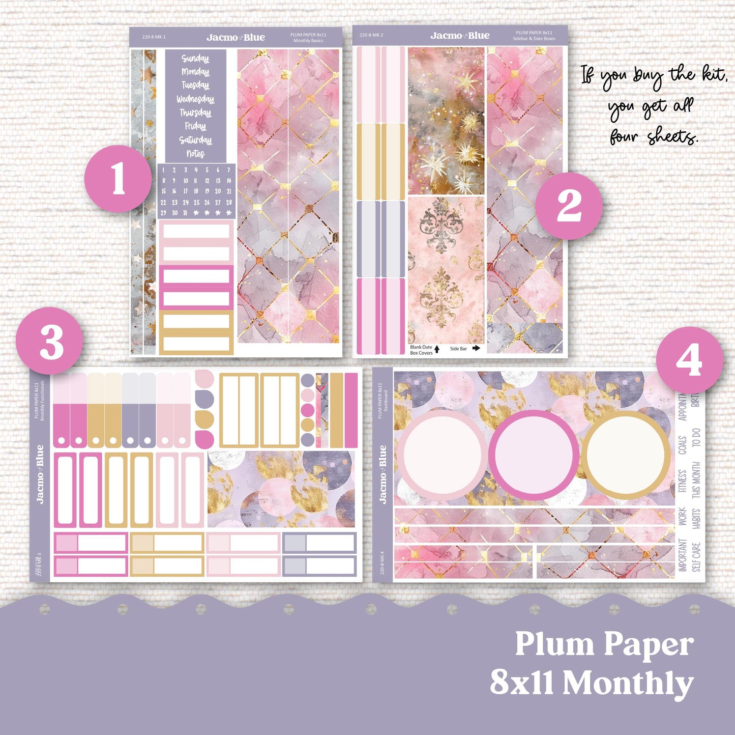 Pink Wishes Plum Paper Monthly Sticker Kit for 8x11 7x9 A5 Planners - Kit 220 Planner Stickers Pink Gray Gold