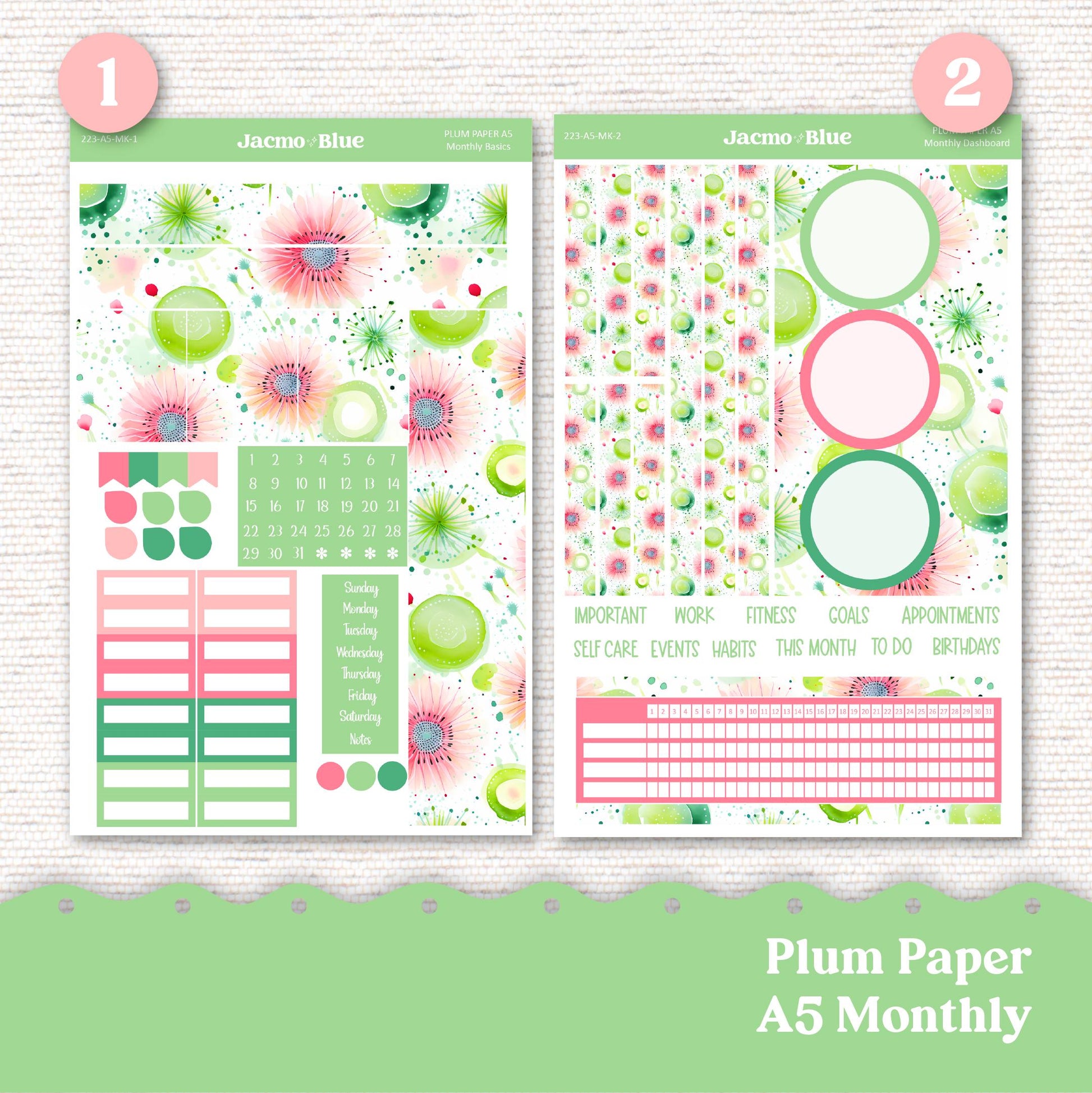 Carefree Plum Paper Monthly Sticker Kit for 8x11 7x9 A5 Planners - Kit 223 Planner Stickers Summer PPP Plum Paper Planner Stickers