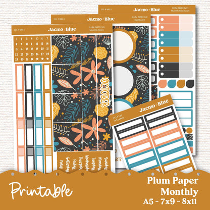 PRINTABLE Plum Paper Planner Monthly Stickers October 8x11 7x9 A5 Print and Cut - 211P