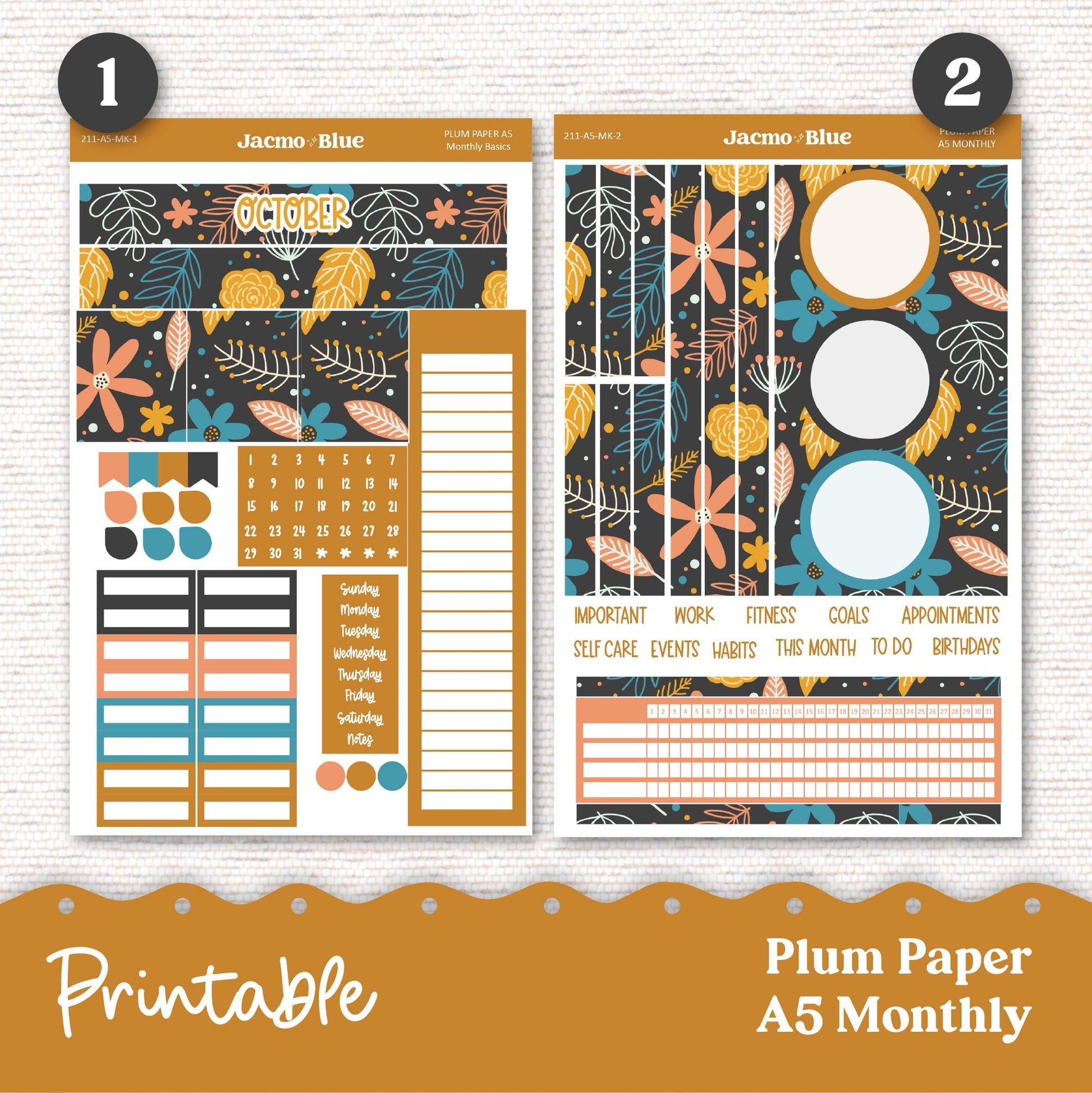 PRINTABLE Plum Paper Planner Monthly Stickers October 8x11 7x9 A5 Print and Cut - 211P