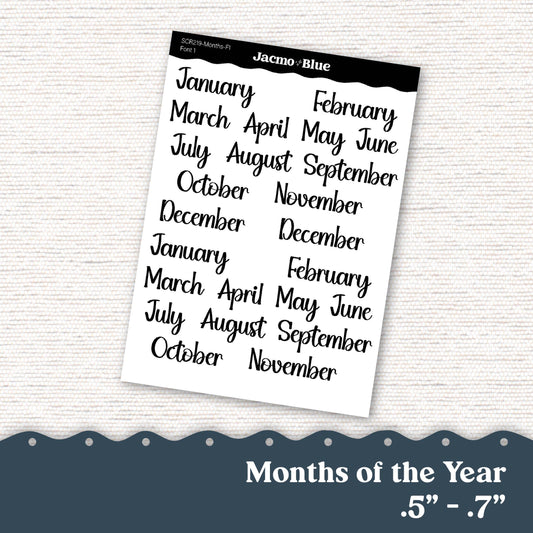 Months of the Year Planner Script Stickers Mini SCR219 ~.5-.7" Tall - Good for monthly kits - Font 1