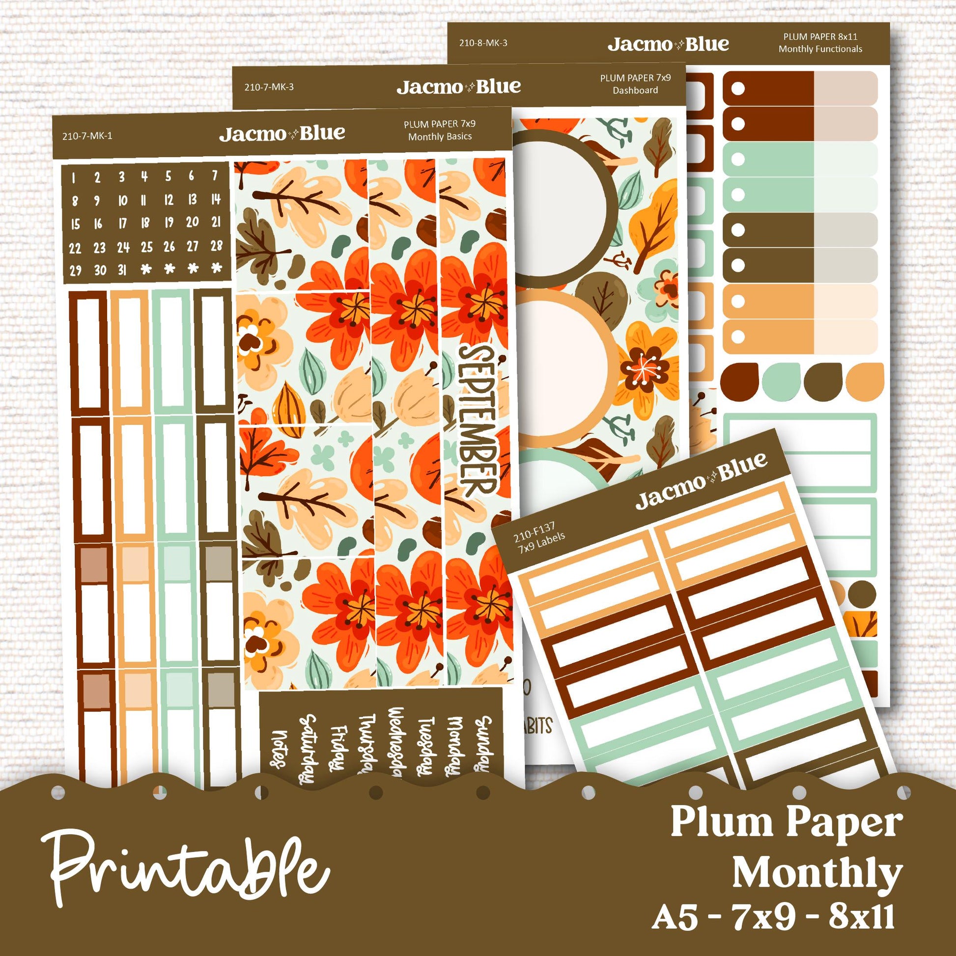 PRINTABLE September Plum Paper Planner Monthly Stickers 8x11 7x9 A5 Print and Cut - 210P