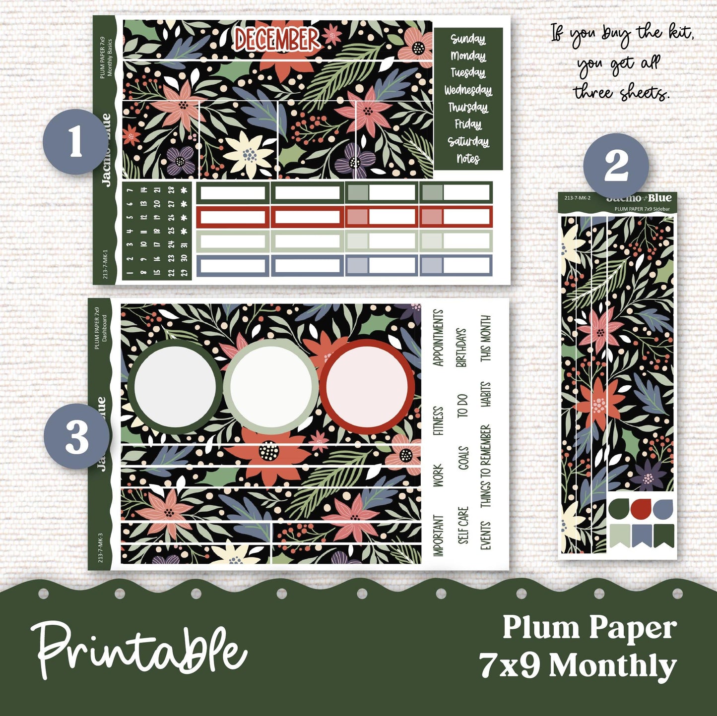 PRINTABLE December Plum Paper Planner Monthly Stickers 8x11 7x9 A5 Print and Cut - 213P