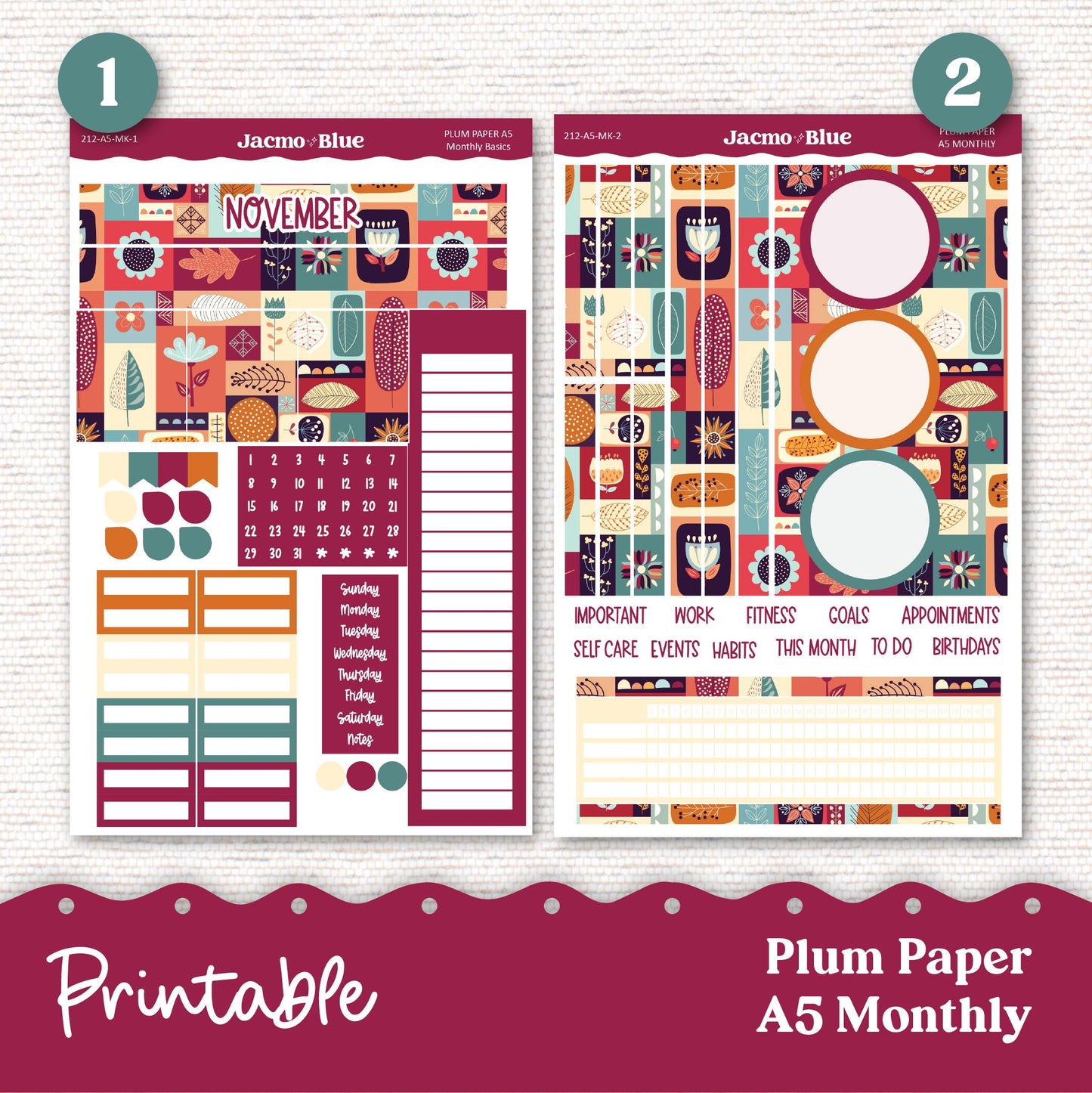 PRINTABLE November Plum Paper Planner Monthly Stickers 8x11 7x9 A5 Print and Cut - 212P