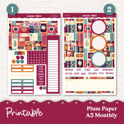 PRINTABLE November Plum Paper Planner Monthly Stickers 8x11 7x9 A5 Print and Cut - 212P