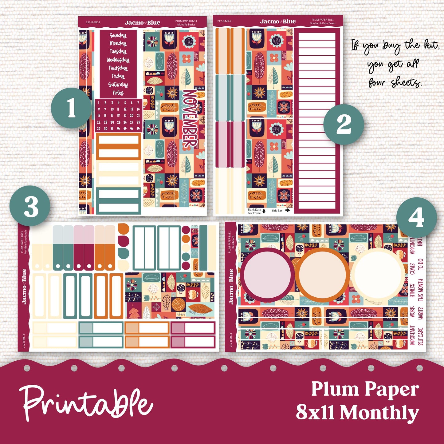 PRINTABLE November Plum Paper Planner Monthly Stickers 8x11 7x9 A5 Print and Cut - 212P