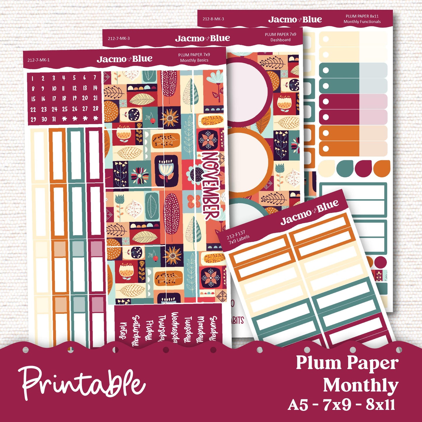 PRINTABLE November Plum Paper Planner Monthly Stickers 8x11 7x9 A5 Print and Cut - 212P