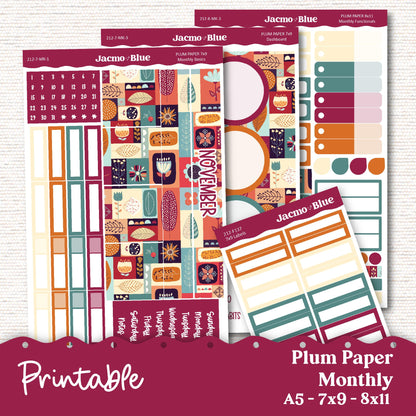 PRINTABLE November Plum Paper Planner Monthly Stickers 8x11 7x9 A5 Print and Cut - 212P