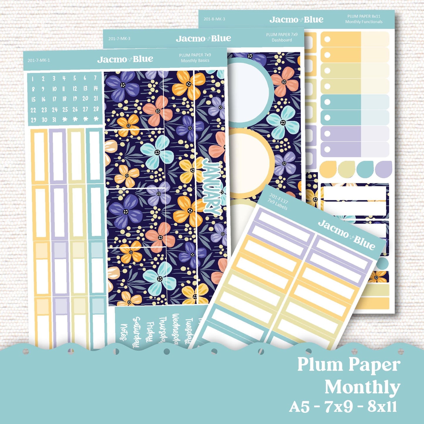 January Plum Paper Monthly Sticker Kit for 8x11 7x9 A5 Planners - Kit 201 January Planner Stickers