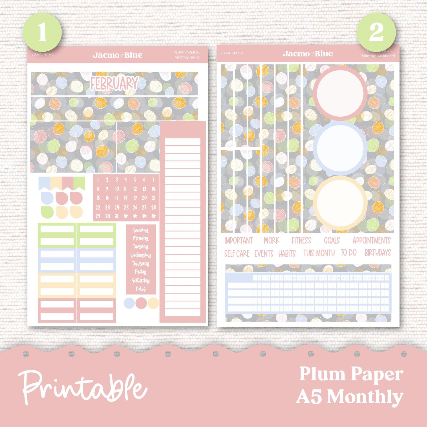 PRINTABLE Plum Paper Planner Monthly Stickers Spring 8x11 7x9 A5 Print and Cut - Kit 203 Includes Bill Due Auto Pay and Months