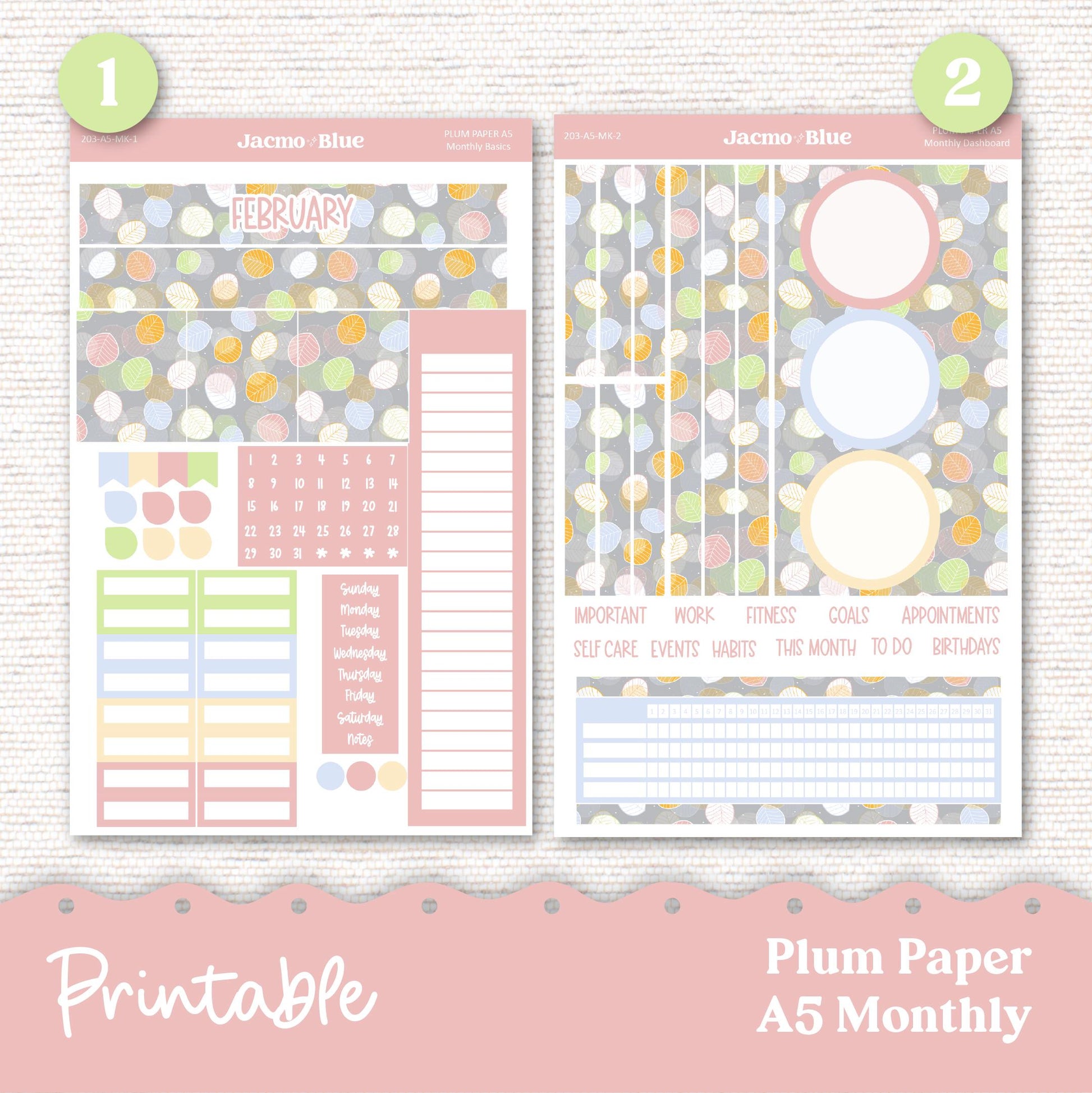 PRINTABLE Plum Paper Planner Monthly Stickers Spring 8x11 7x9 A5 Print and Cut - Kit 203 Includes Bill Due Auto Pay and Months