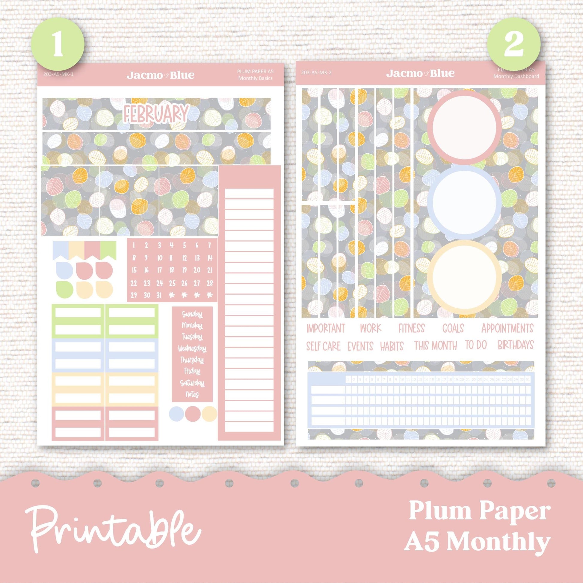 February Plum Paper Planner Printable Monthly Stickers 8x11 7x9 A5 Print and Cut Download - 203P