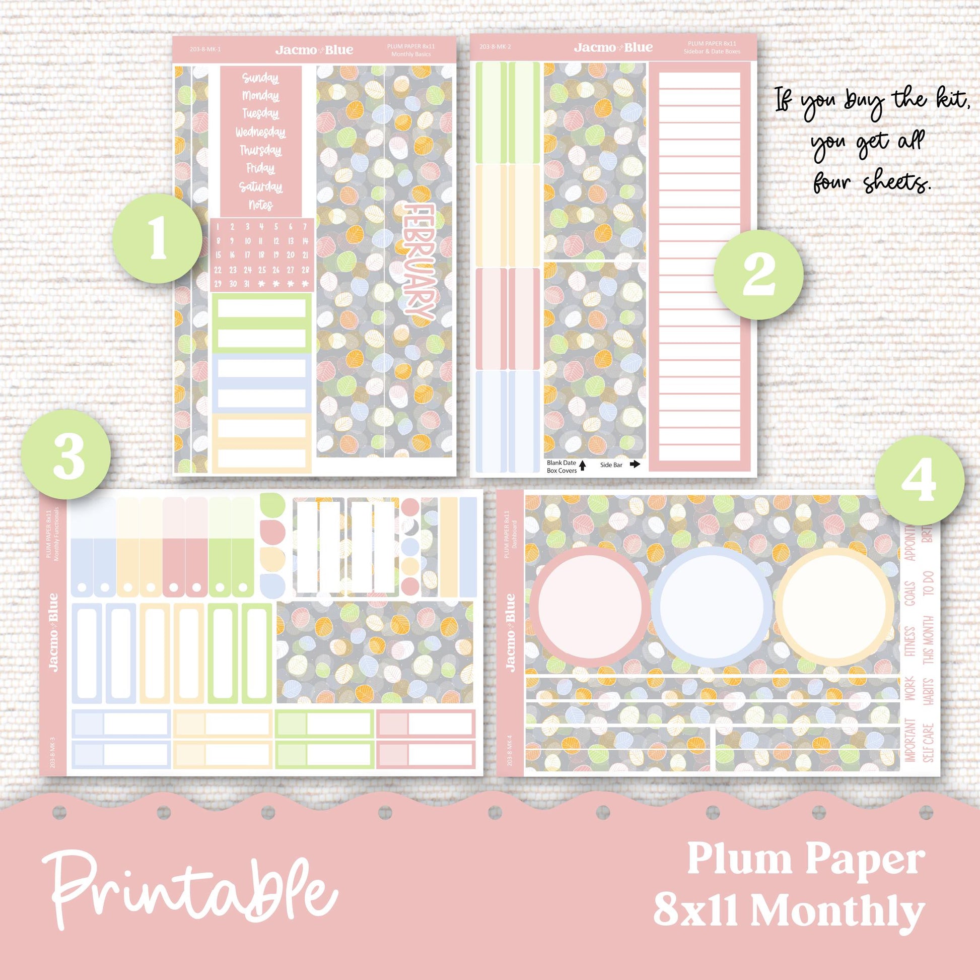 February Plum Paper Planner Printable Monthly Stickers 8x11 7x9 A5 Print and Cut Download - 203P