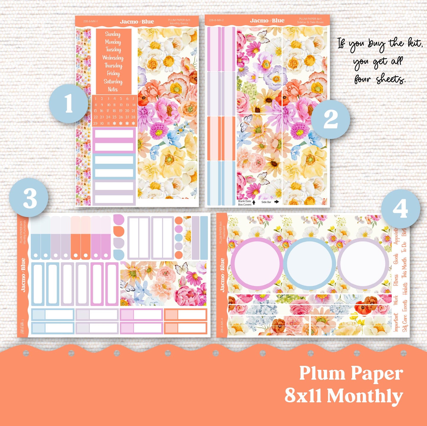 Plum Paper Monthly Sticker Kit for 8x11 7x9 A5 Planners - Kit 227 Planner Stickers Colorful Floral