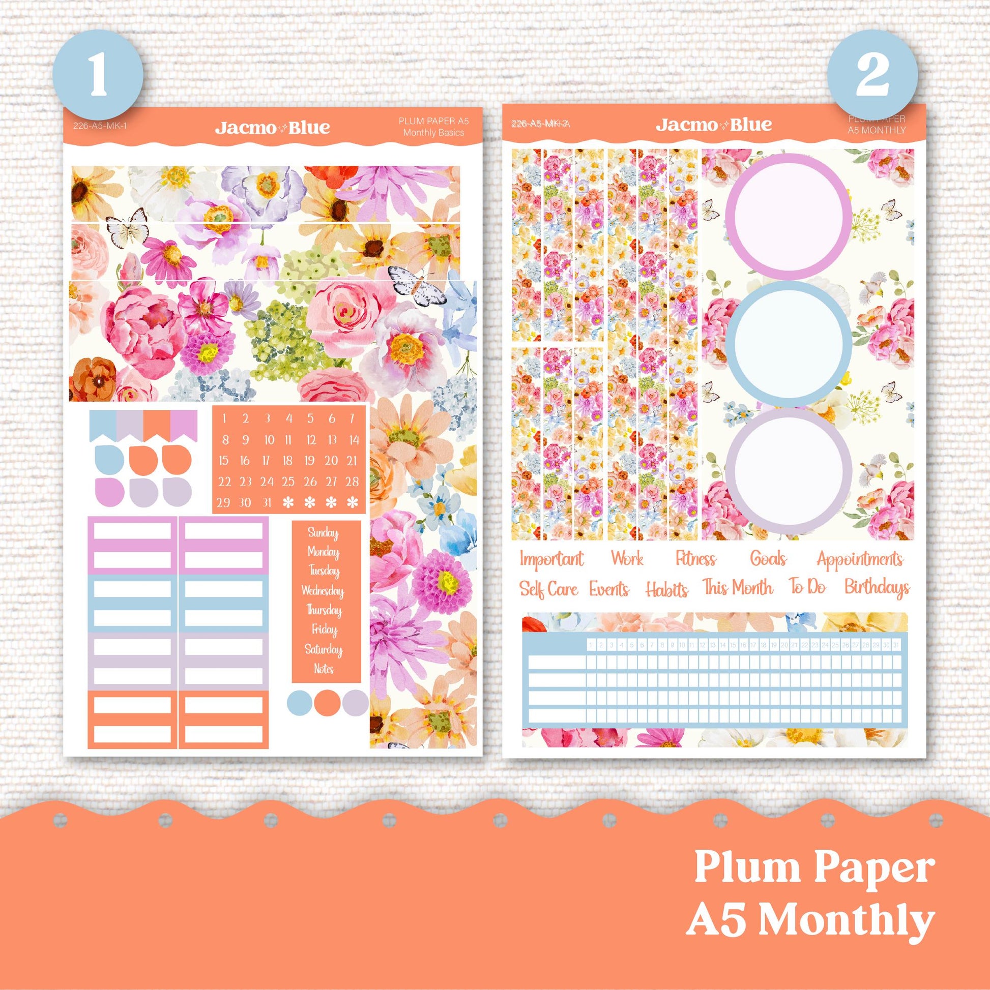 Plum Paper Monthly Sticker Kit for 8x11 7x9 A5 Planners - Kit 227 Planner Stickers Colorful Floral