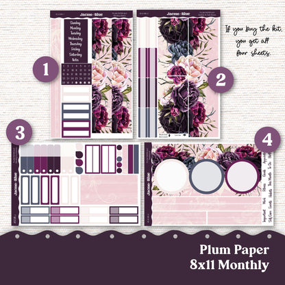 Plum Paper Monthly Sticker Kit for 8x11 7x9 A5 Planners - Kit 45 Forget Me Not Planner Stickers Dark Floral and Pink