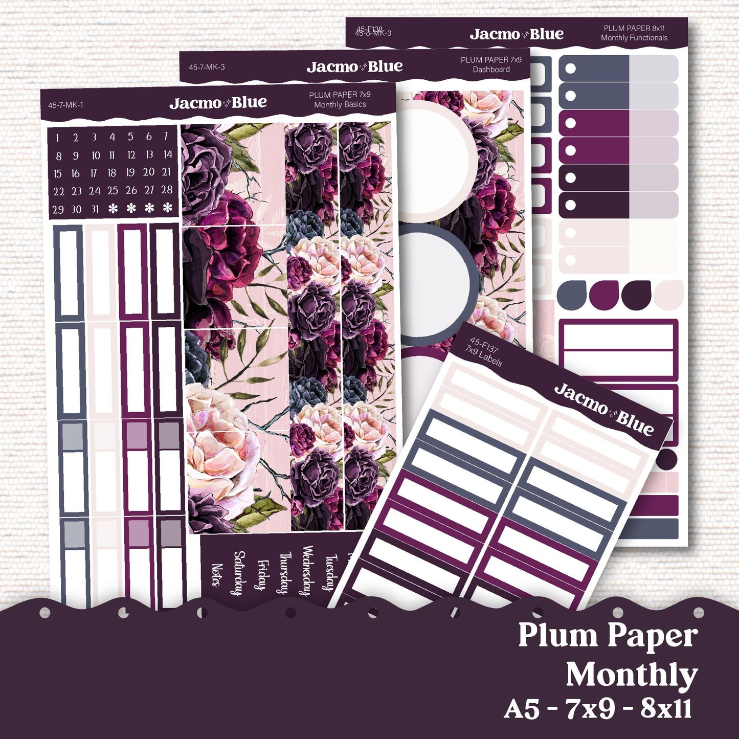 Plum Paper Monthly Sticker Kit for 8x11 7x9 A5 Planners - Kit 45 Forget Me Not Planner Stickers Dark Floral and Pink