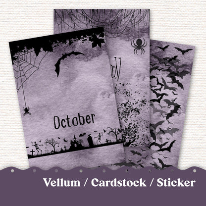 Halloween Vellum or Cardstock Dashboard Tip-in for Planners or Junk Journaling - Kit 44 Halloween October, Letter, A5, B6