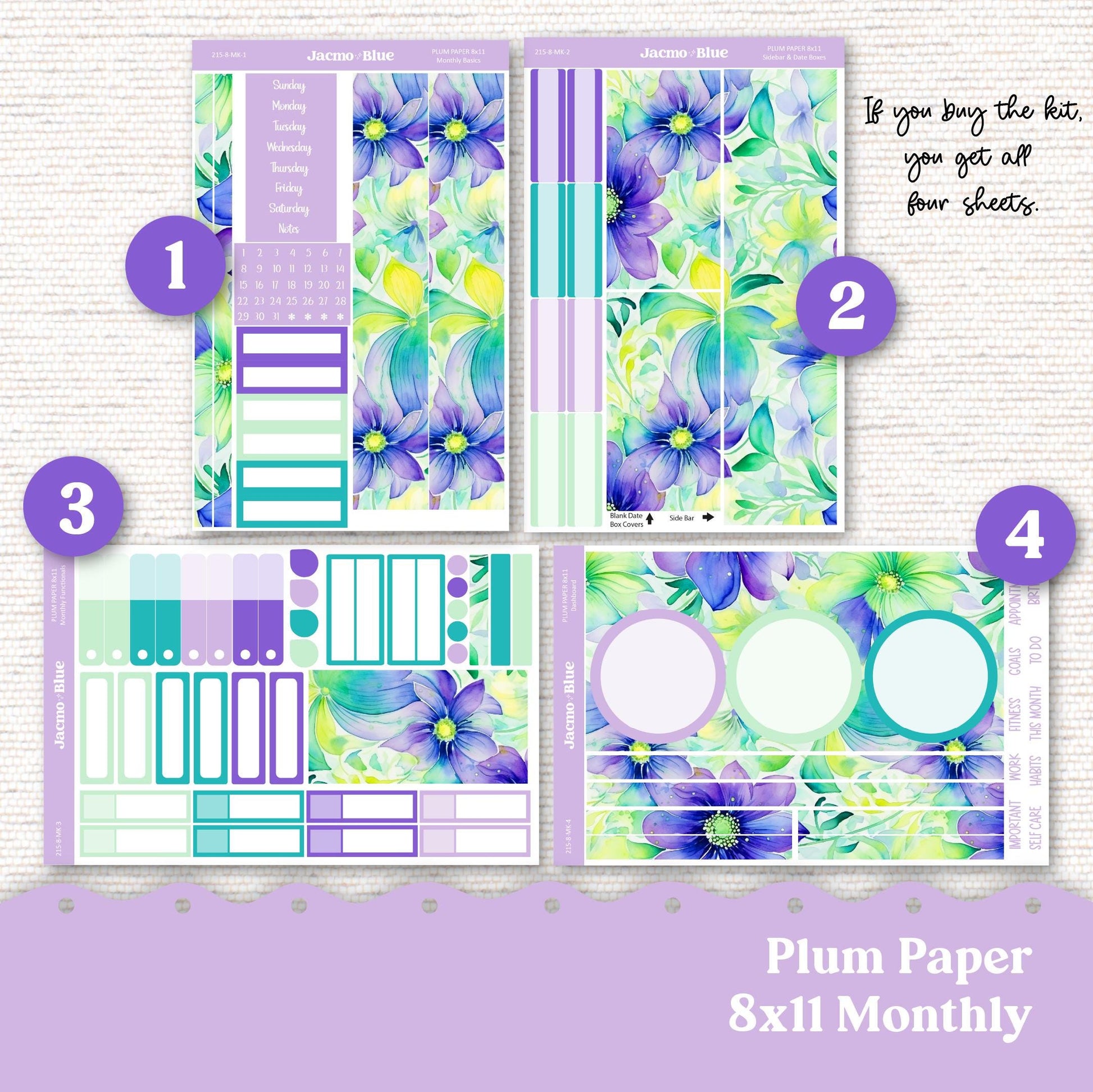 Spring Plum Paper Monthly Sticker Kit for 8x11 7x9 A5 Planners - Kit 215 Planner Stickers