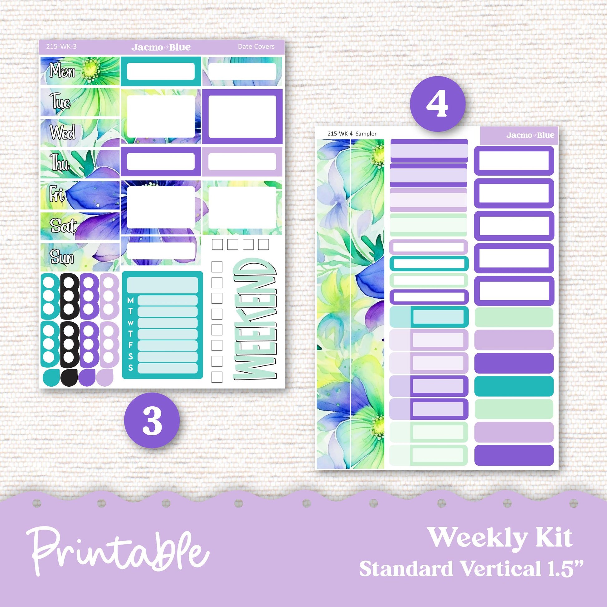 PRINTABLE Weekly Sticker Kit Vertical Planner Stickers - Silhouette Cricut Transparent PNG Files 215 Spring Floral Purple Happy Planner