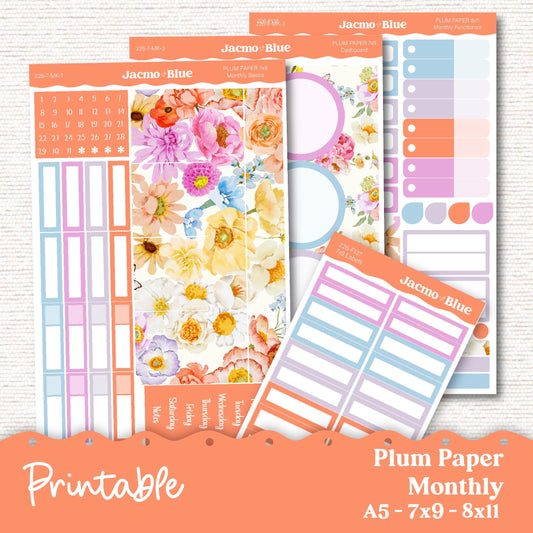 Summer Floral Plum Paper Planner Printable Monthly Stickers 8x11 7x9 A5 Print and Cut Download - 227P