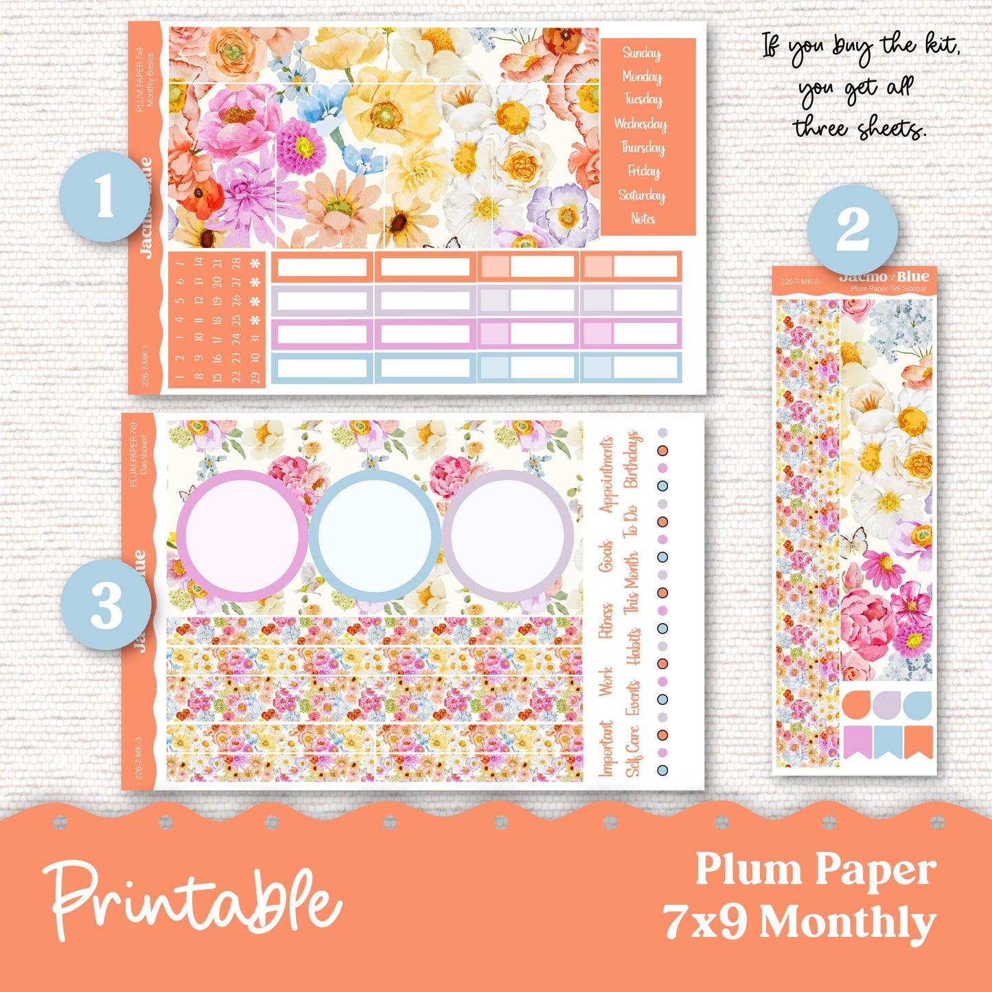 Summer Floral Plum Paper Planner Printable Monthly Stickers 8x11 7x9 A5 Print and Cut Download - 227P