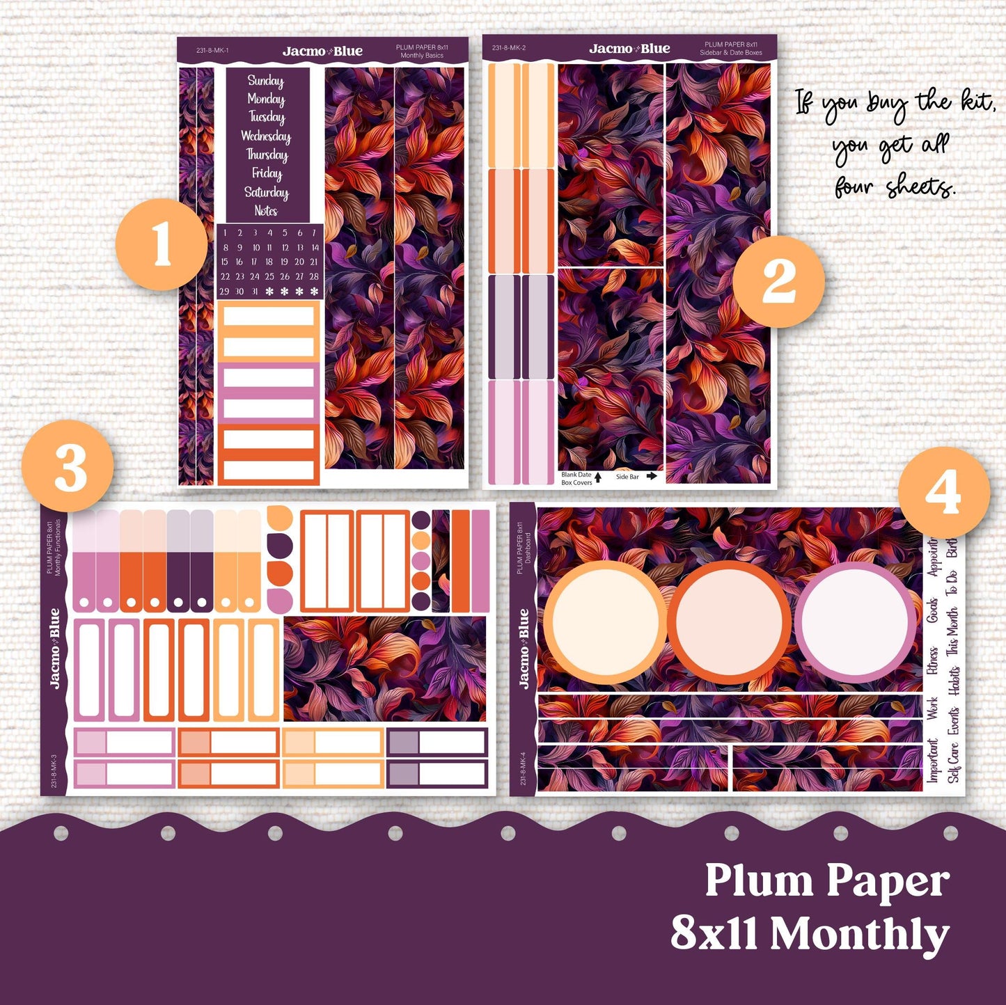 Plum Paper Monthly Sticker Kit for 8x11 7x9 A5 Planners - Kit 231 End of Summer Sunset Planner Stickers