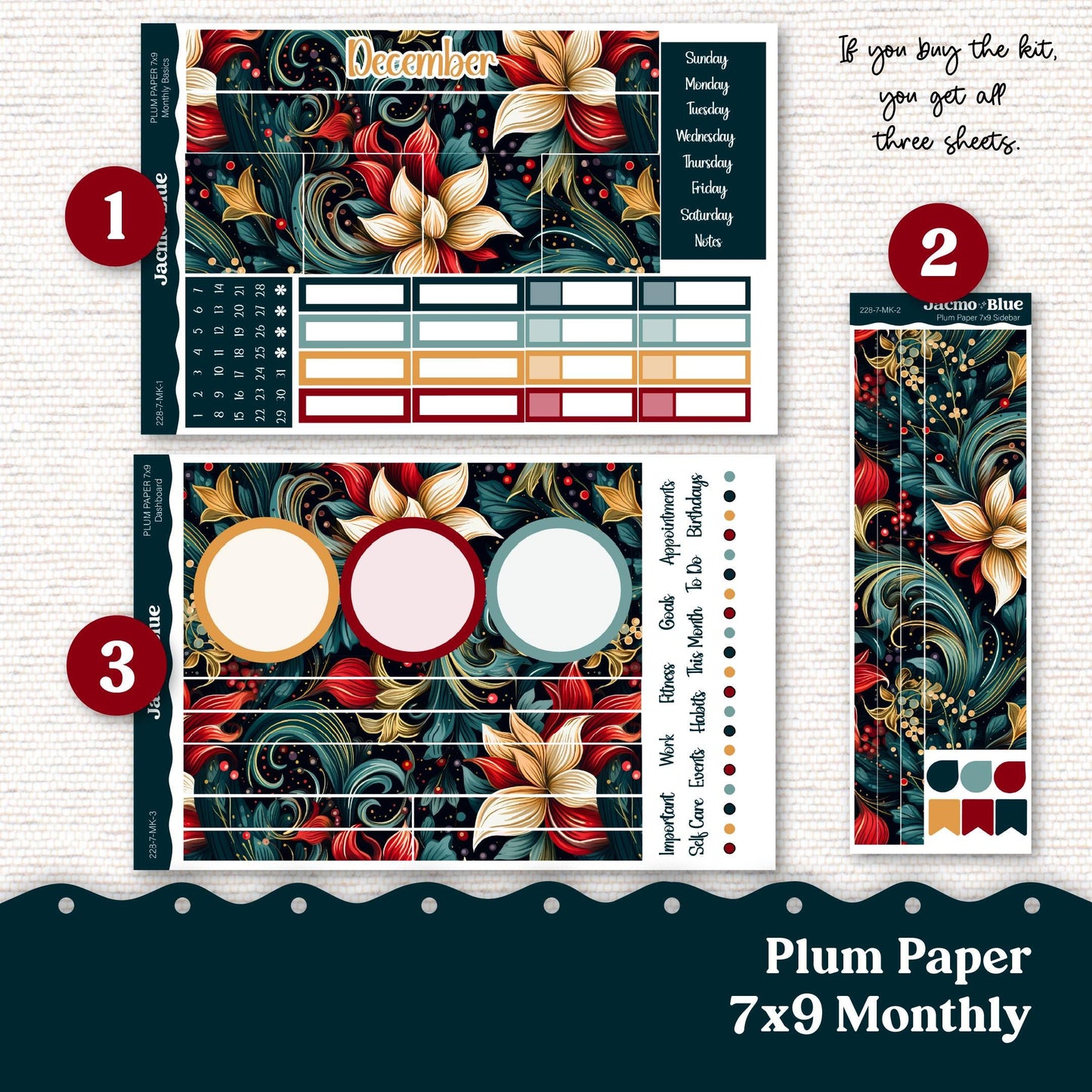 December Swirls Plum Paper Monthly Sticker Kit for 8x11 7x9 A5 Planners - Kit 228 Planner Stickers