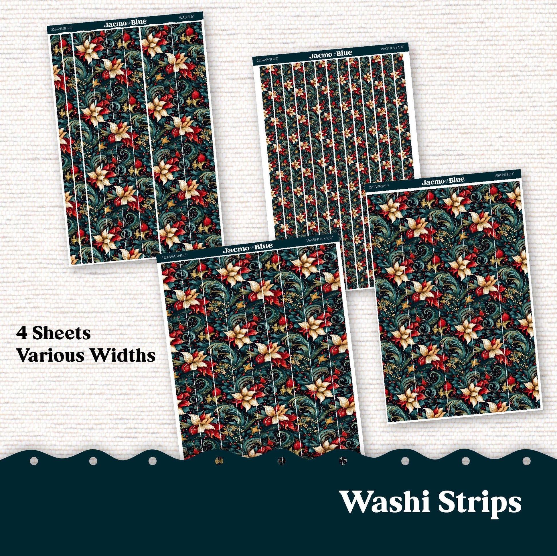 Washi Strips Stickers - 8 Inches Long - Kit 228 - December