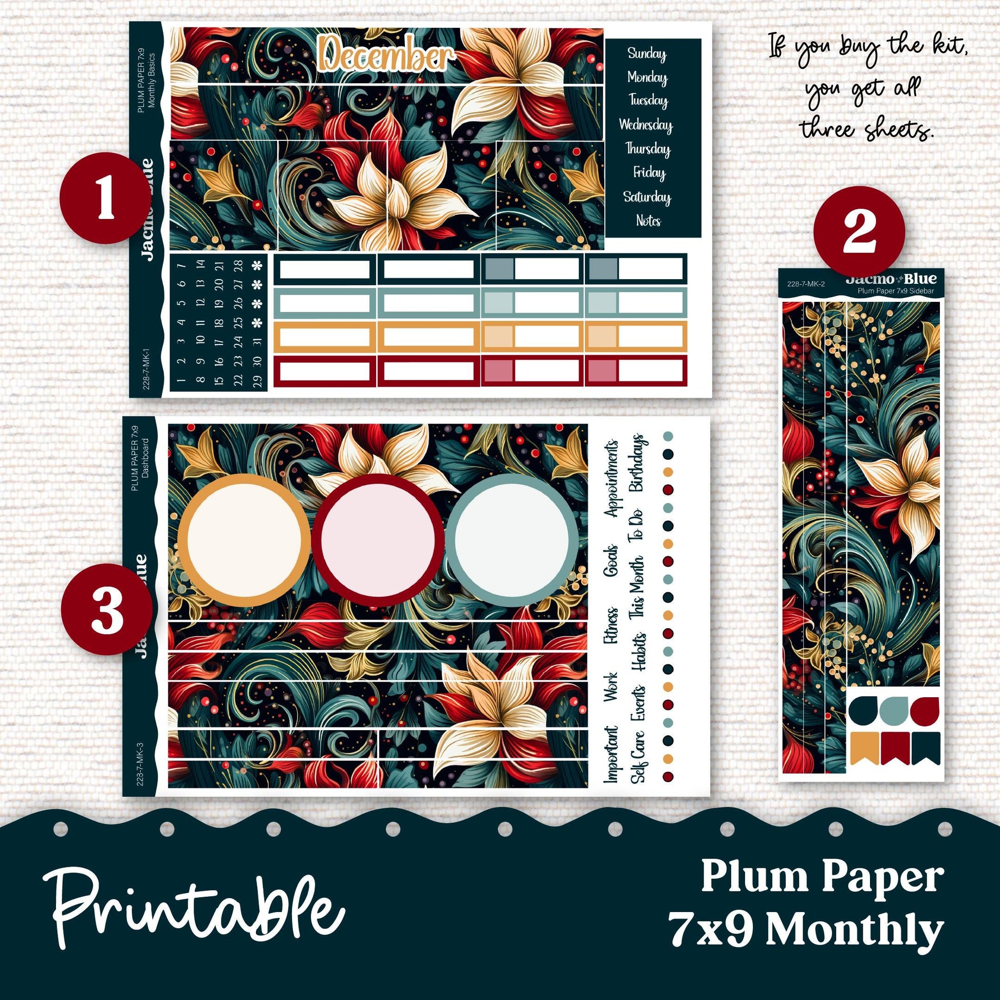 December Swirls Plum Paper Planner Printable Monthly Stickers 8x11 7x9 A5 Print Cut Download Cricut Transparent PNG and Silhouette - 228P