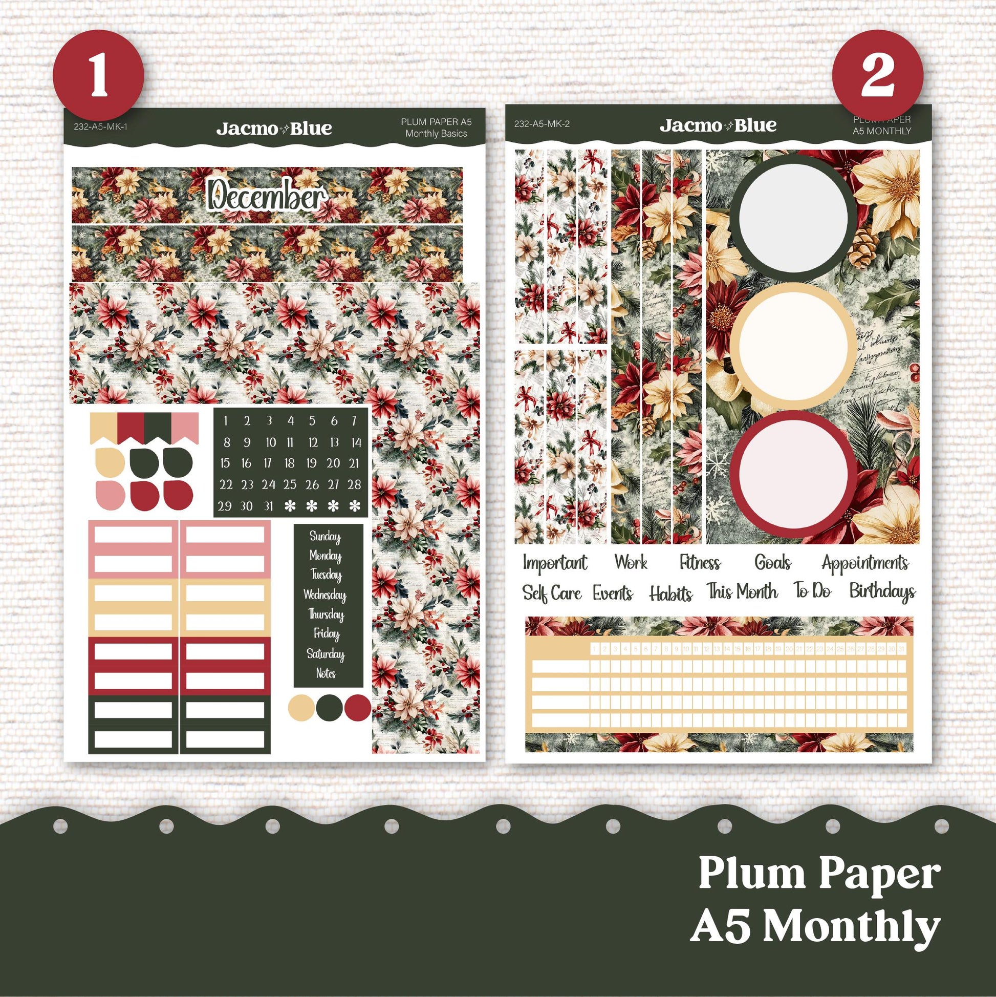 Plum Paper Monthly Sticker Kit for 8x11 7x9 A5 Planners - Kit 232 Christmas December Vintage Shabby Chic