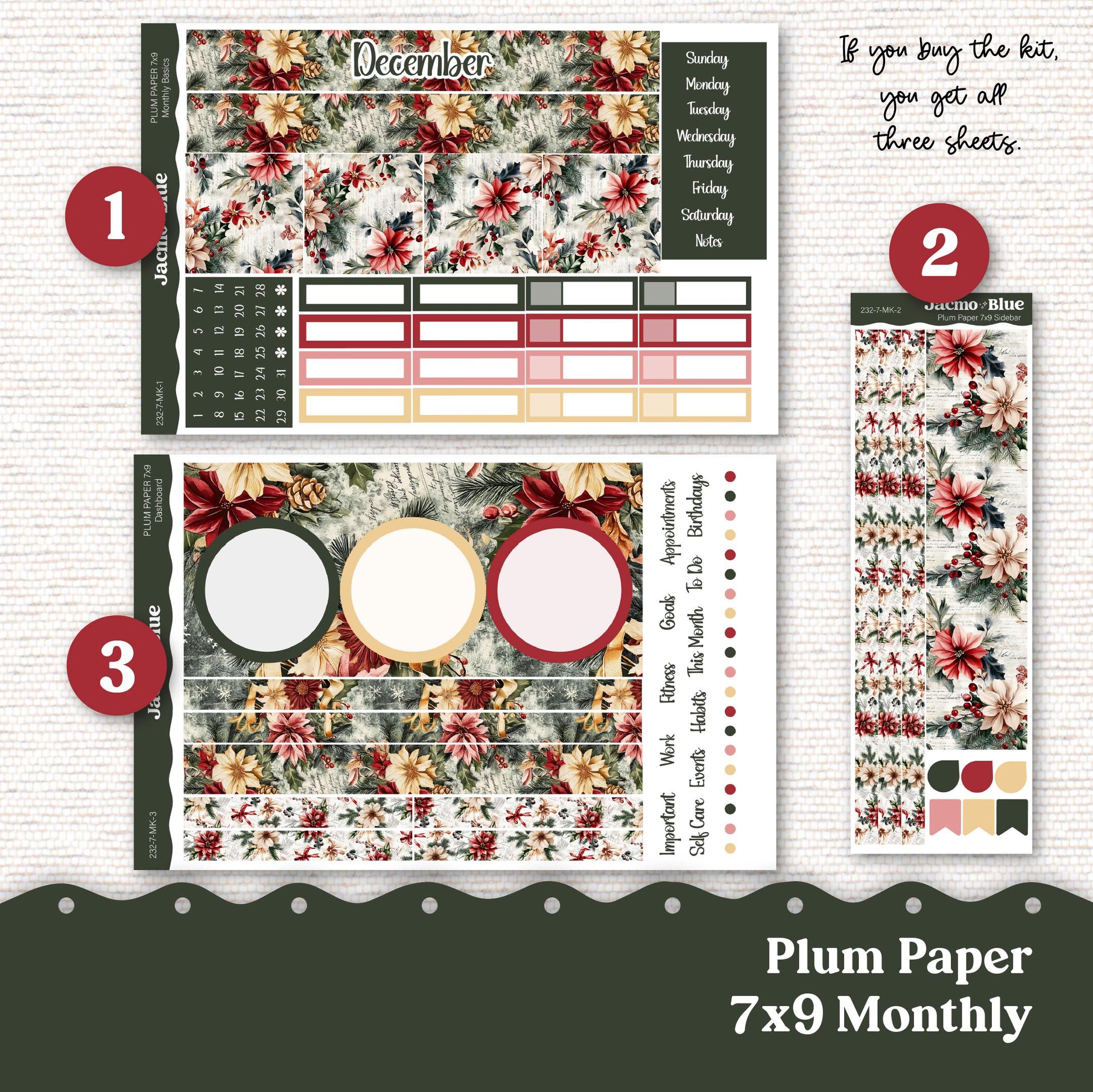 Plum Paper Monthly Sticker Kit for 8x11 7x9 A5 Planners - Kit 232 Christmas December Vintage Shabby Chic