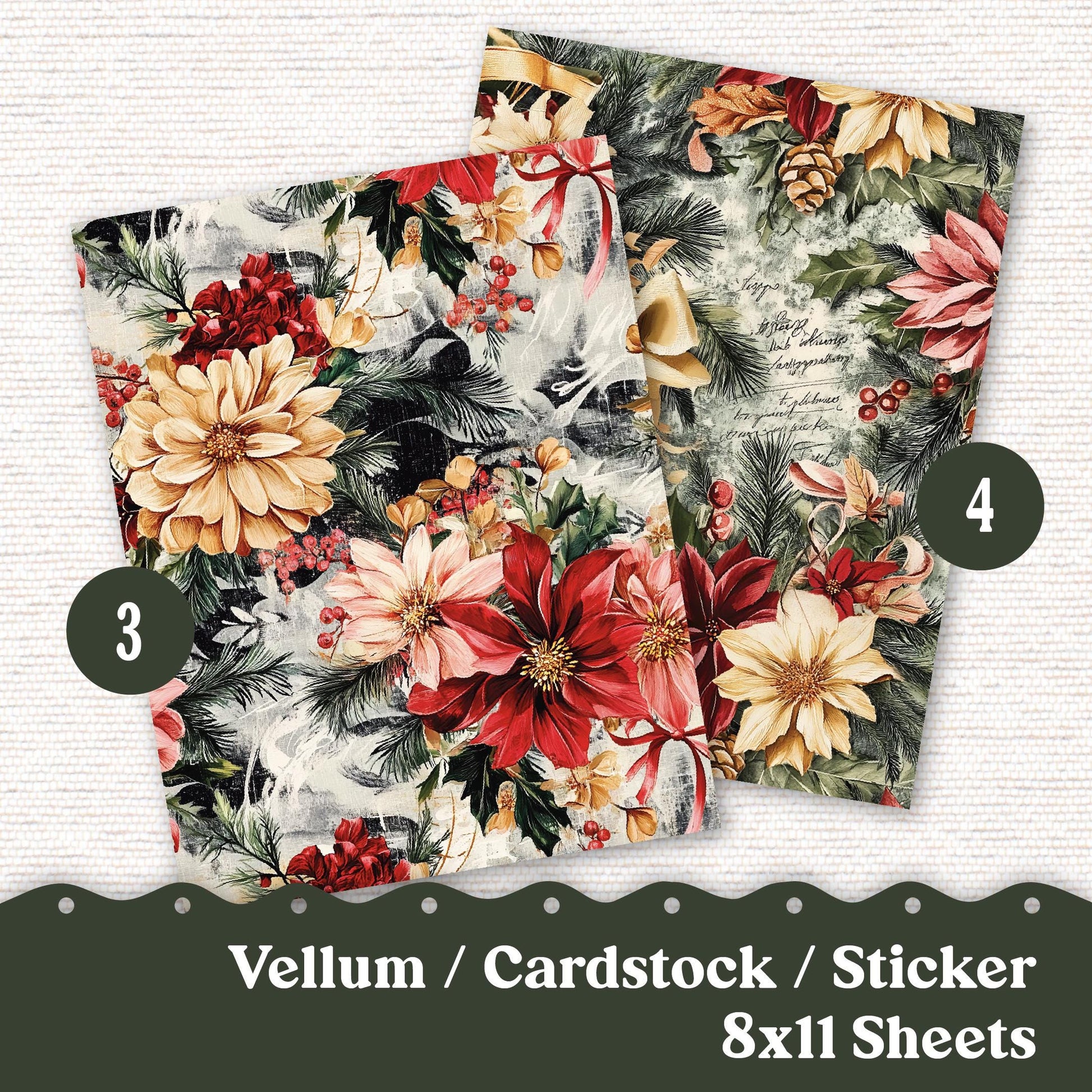 Vellum or Cardstock Dashboard Tip-in for Planners or Junk Journaling - Kit 232V Vellum Vintage Christmas December Shabby Chic Bundle 8 Sheet