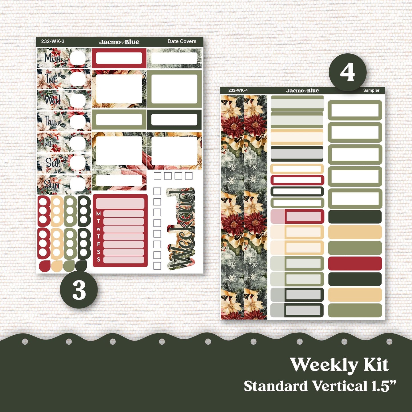 Christmas Weekly Planner Sticker Kit Vertical Planner Stickers 232 - Standard Vertical 1.5" Columns - Shabby Chic Vintage December Holiday