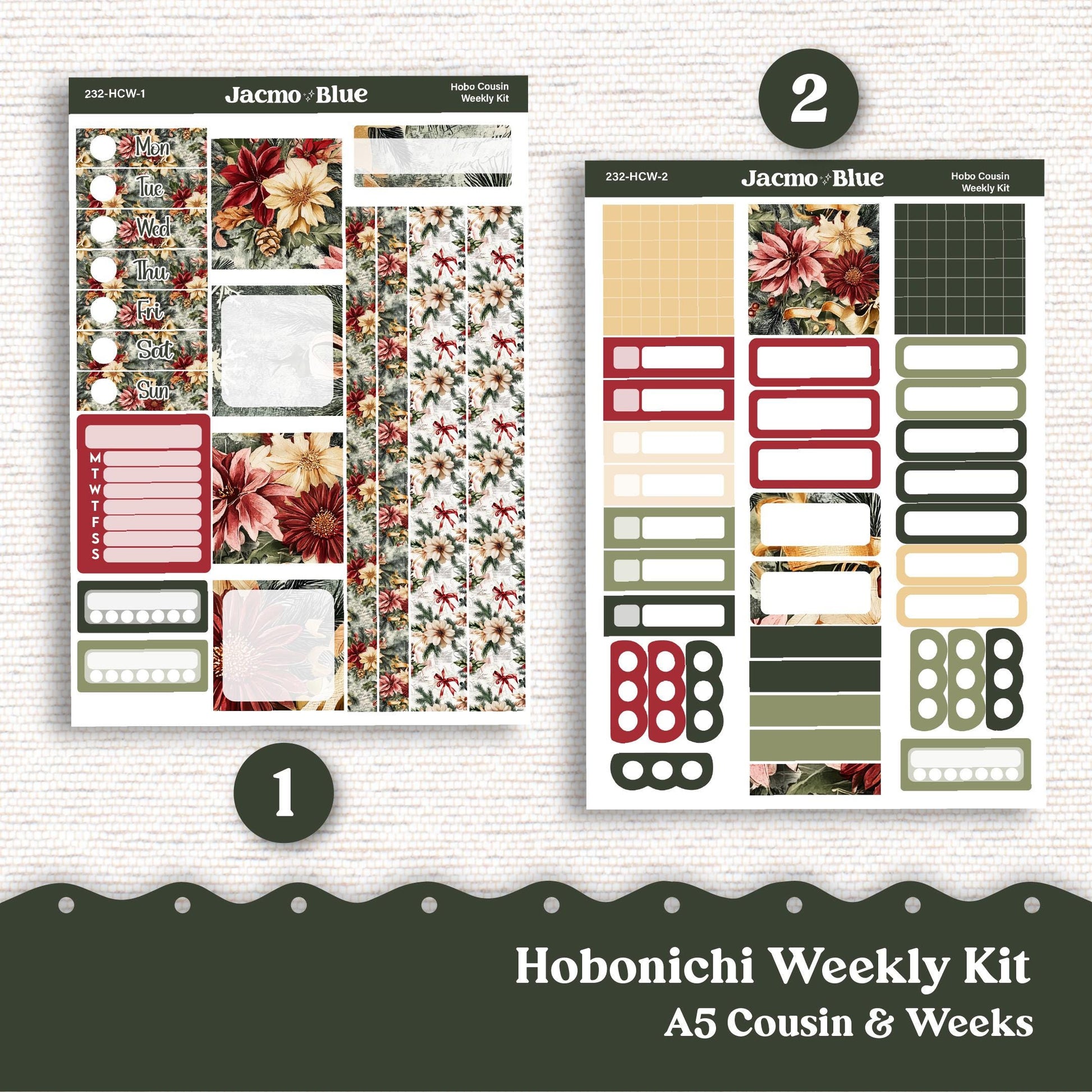 Christmas Hobonichi Cousin & Weeks Weekly Planner Sticker Kit 232 - Shabby Chic Holiday December Vintage