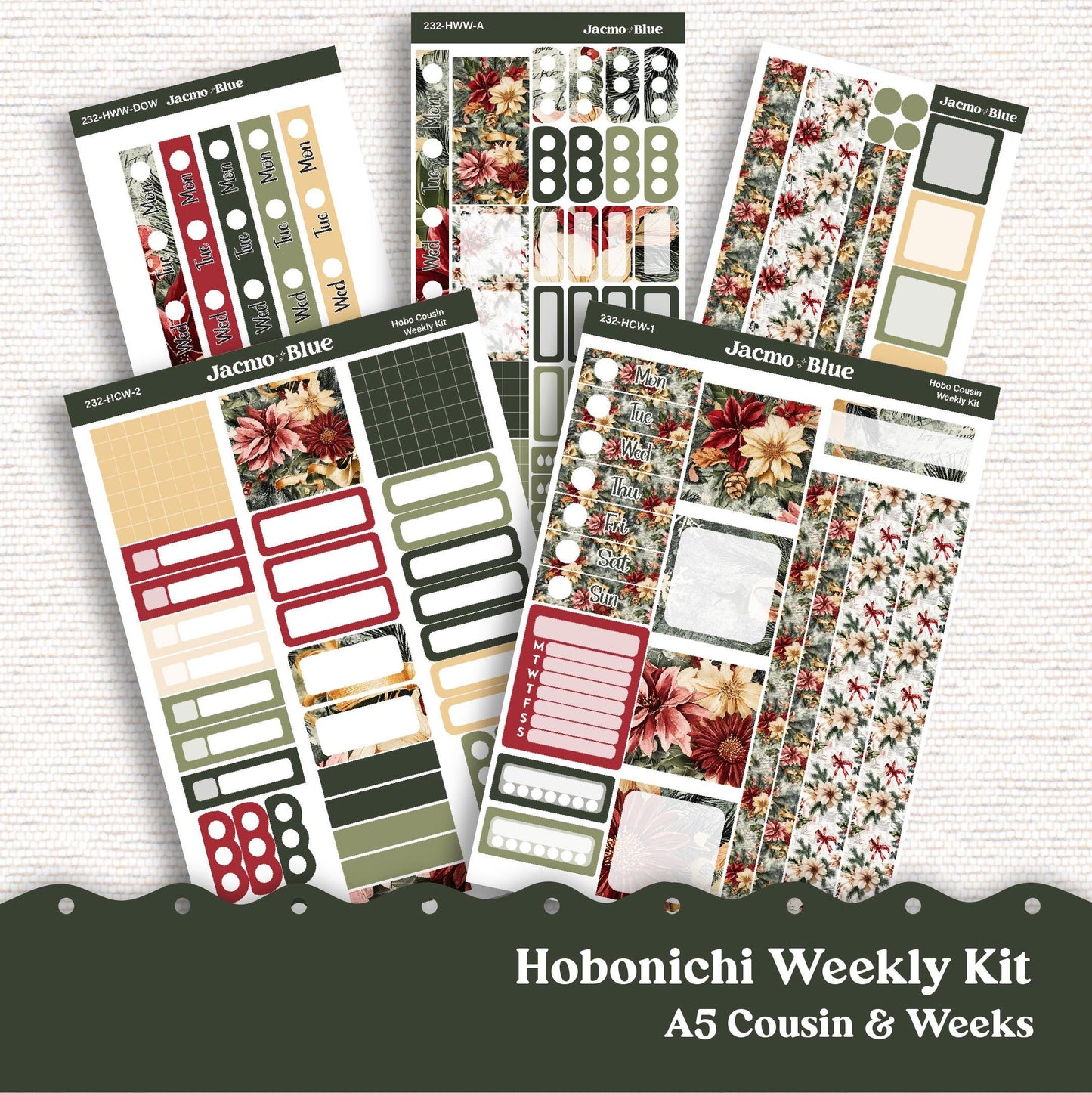 Christmas Hobonichi Cousin & Weeks Weekly Planner Sticker Kit 232 - Shabby Chic Holiday December Vintage