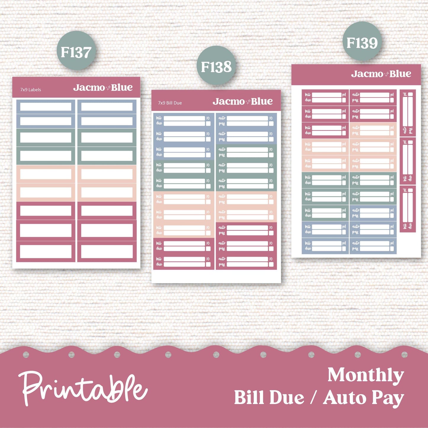 PRINTABLE Plum Paper Planner Monthly Stickers Spring 8x11 7x9 A5 Print and Cut - Kit 206P Includes Bill Due Auto Pay and Months