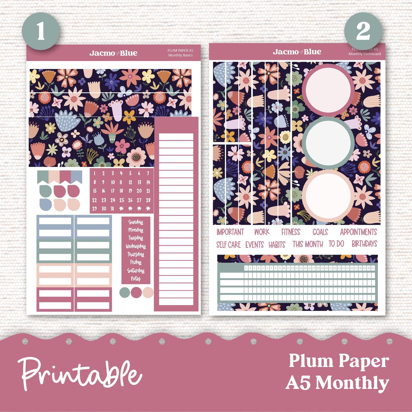 PRINTABLE Plum Paper Planner Monthly Stickers Spring 8x11 7x9 A5 Print and Cut - Kit 206P Includes Bill Due Auto Pay and Months