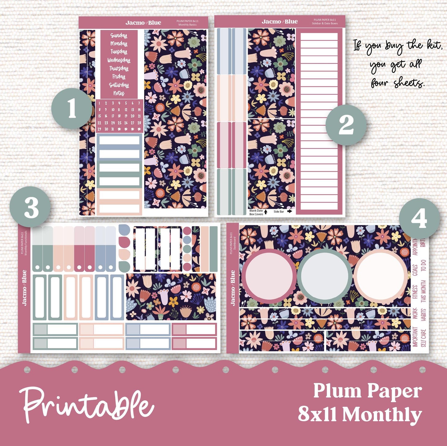 PRINTABLE Plum Paper Planner Monthly Stickers Spring 8x11 7x9 A5 Print and Cut - Kit 206P Includes Bill Due Auto Pay and Months