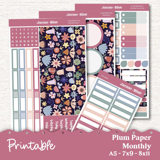 PRINTABLE Plum Paper Planner Monthly Stickers Spring 8x11 7x9 A5 Print and Cut - Kit 206P Includes Bill Due Auto Pay and Months