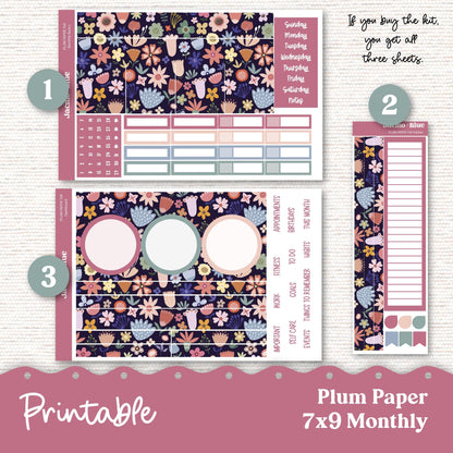 PRINTABLE Plum Paper Planner Monthly Stickers Spring 8x11 7x9 A5 Print and Cut - Kit 206P Includes Bill Due Auto Pay and Months