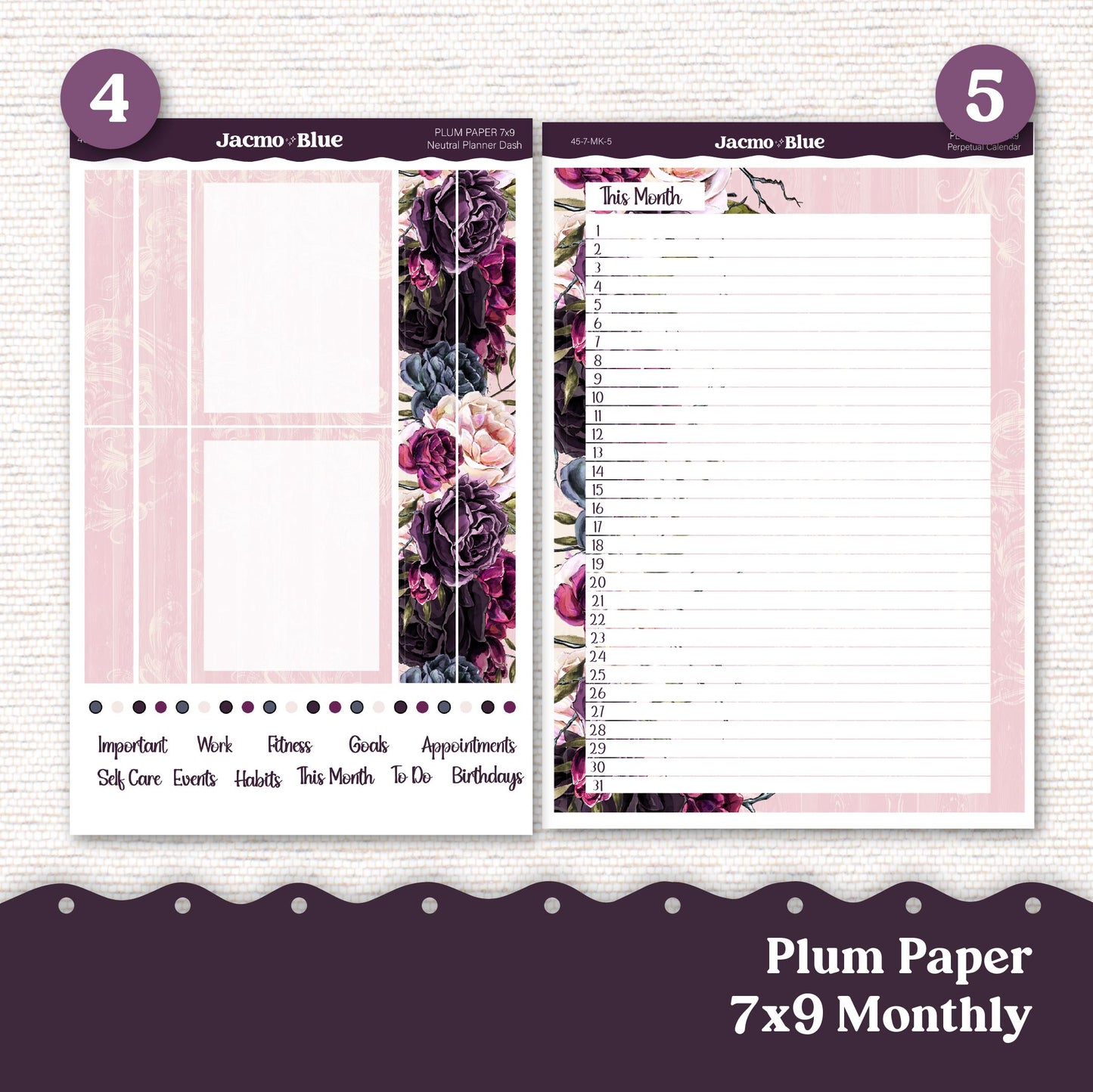 Plum Paper Monthly Sticker Kit for 8x11 7x9 A5 Planners - Kit 45 Forget Me Not Planner Stickers Dark Floral and Pink