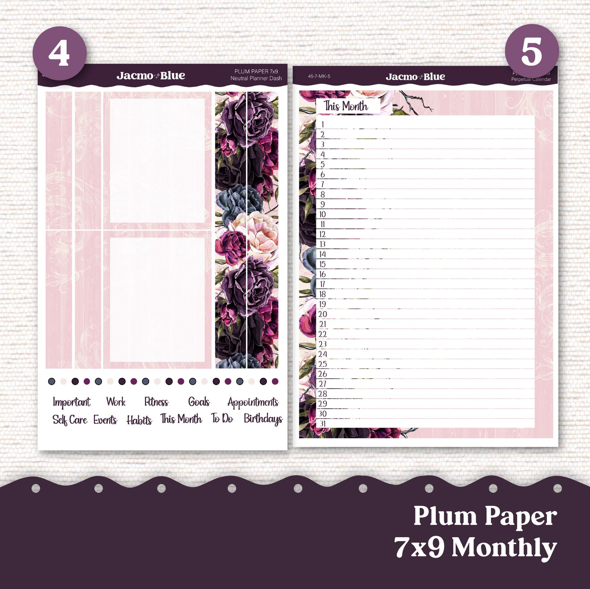 Plum Paper Monthly Sticker Kit for 8x11 7x9 A5 Planners - Kit 45 Forget Me Not Planner Stickers Dark Floral and Pink